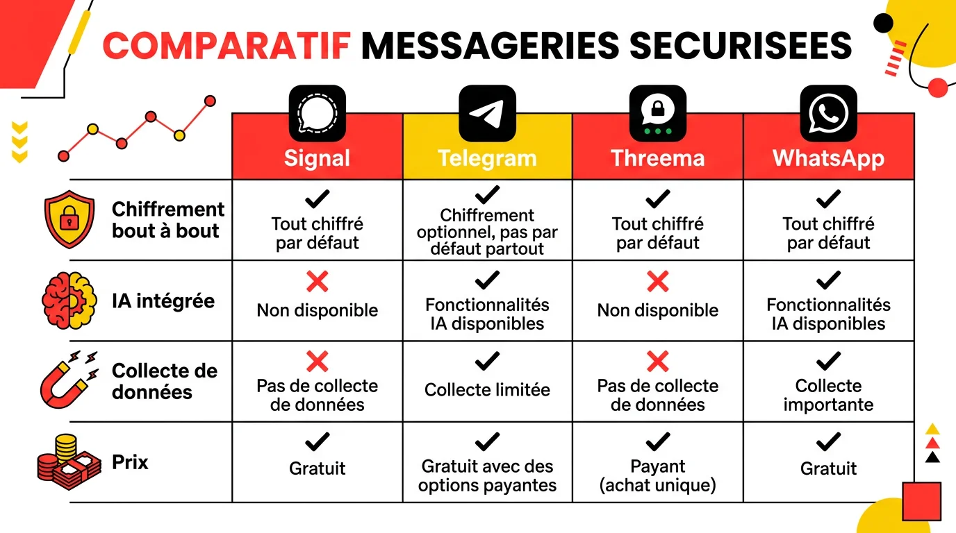 Tableau comparatif de 4 messageries sécurisées Signal Telegram Threema et WhatsApp
