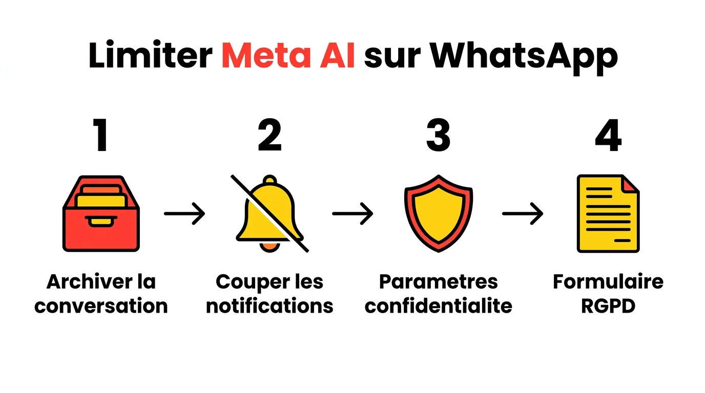 Infographie en 4 étapes pour limiter Meta AI sur WhatsApp
