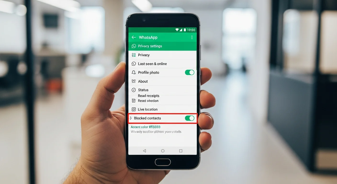 Smartphone Android affichant le menu de confidentialité dans les paramètres WhatsApp