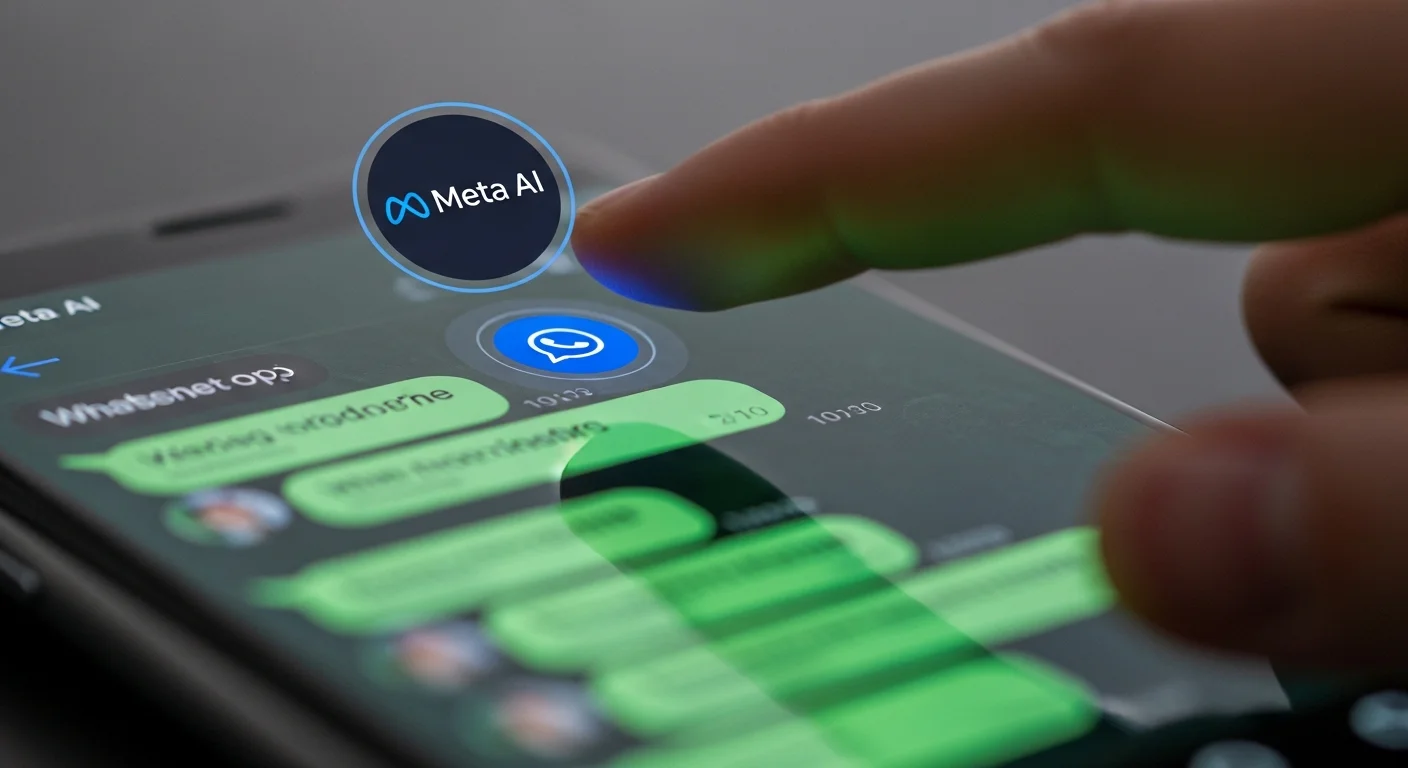 Écran de conversation WhatsApp avec le bouton rond bleu Meta AI visible