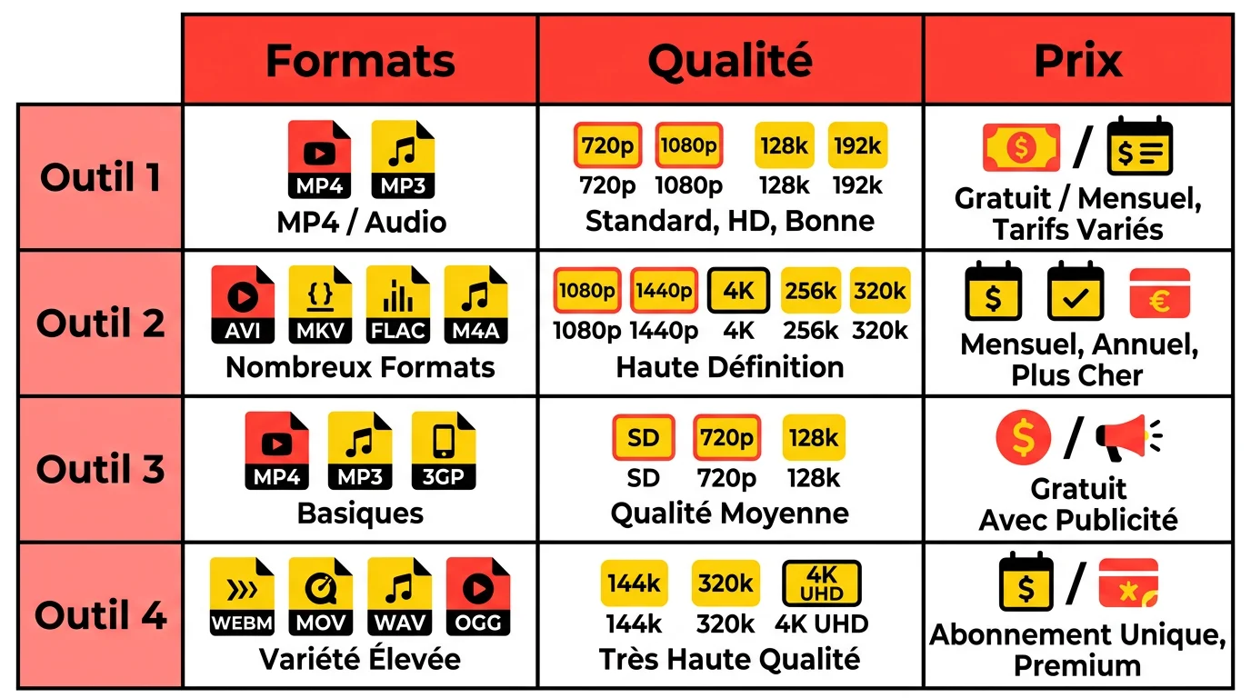 Tableau comparatif de 4 convertisseurs YouTube gratuits