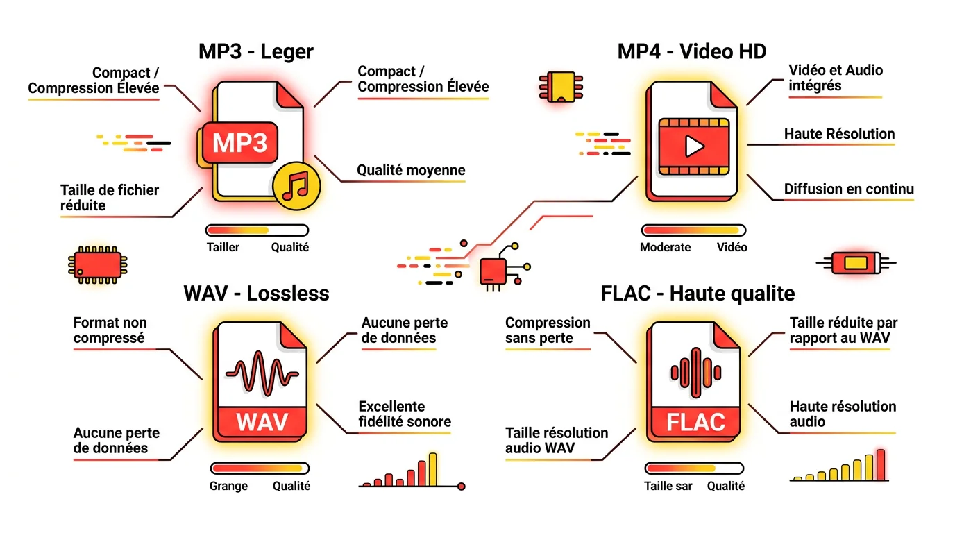 Infographie des formats audio et video : MP3, MP4, WAV, FLAC et leurs caracteristiques