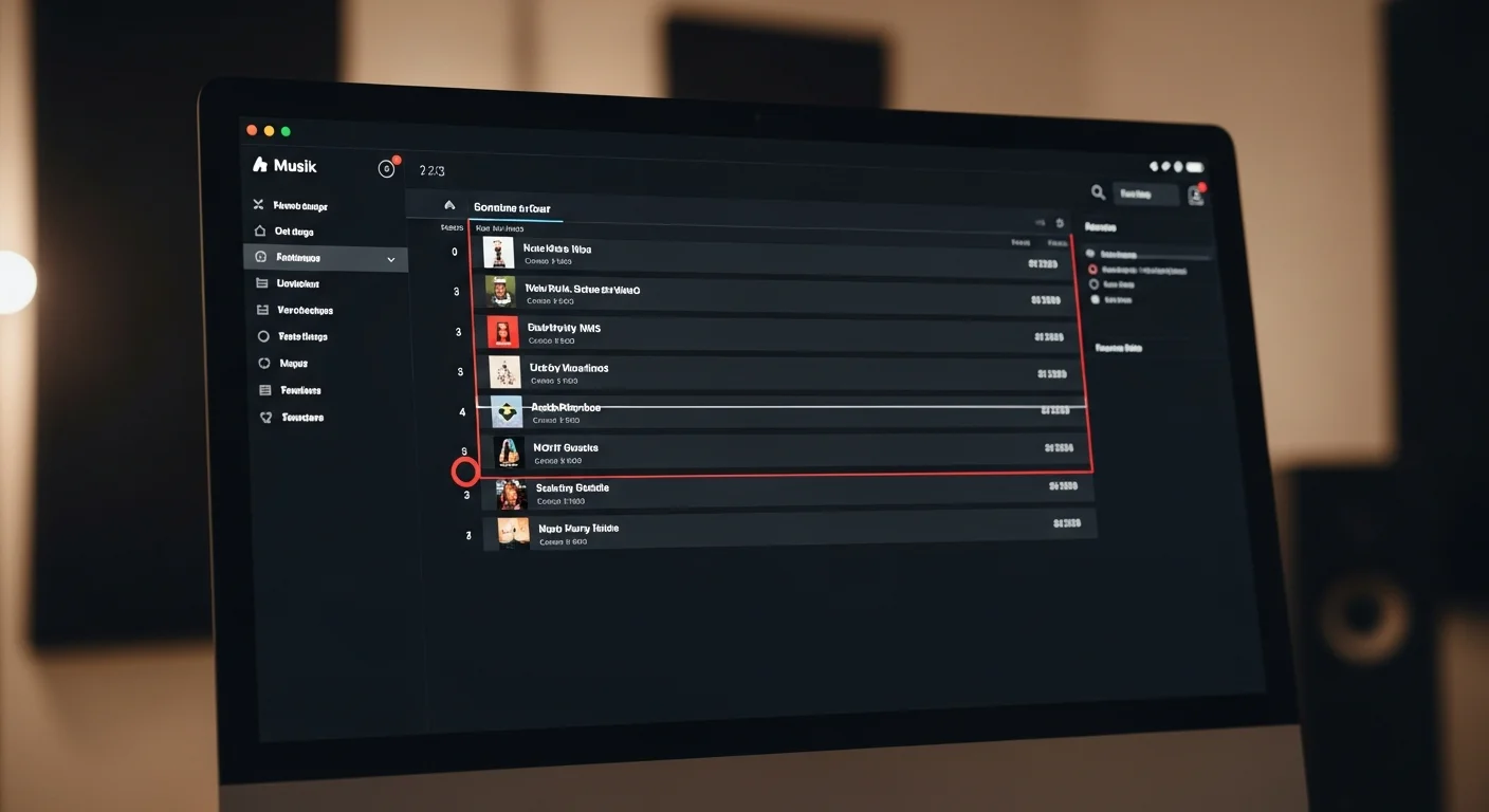 Ecran d'ordinateur affichant une liste de lecture musicale avec plusieurs morceaux selectionnes