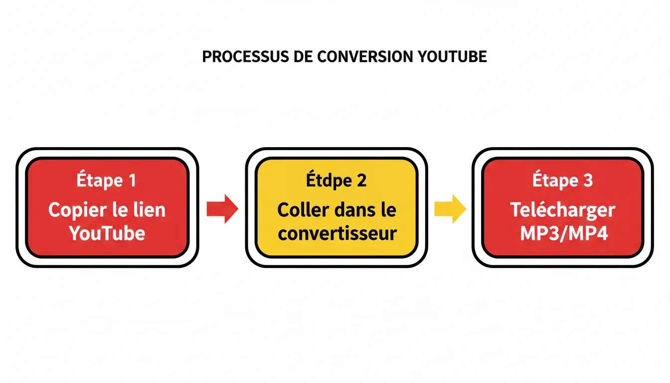 Schema en 3 etapes du processus de conversion YouTube : copier, coller, telecharger