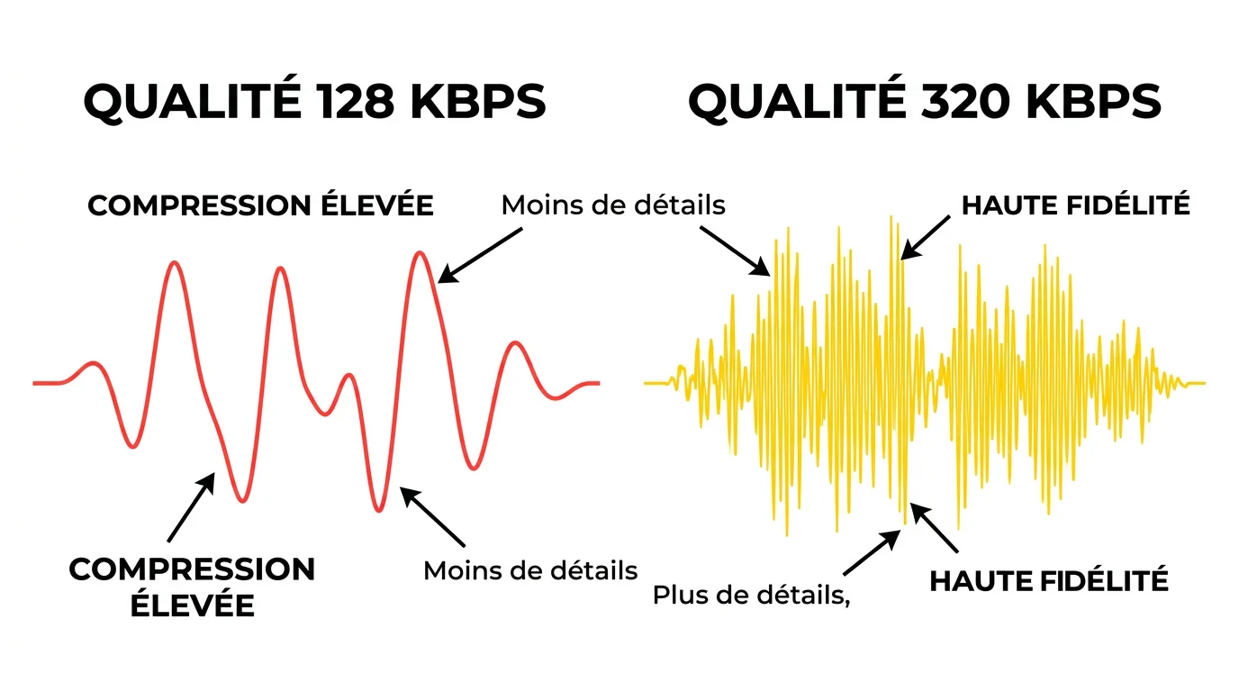 Schema comparant la qualite audio 128 kbps vs 320 kbps
