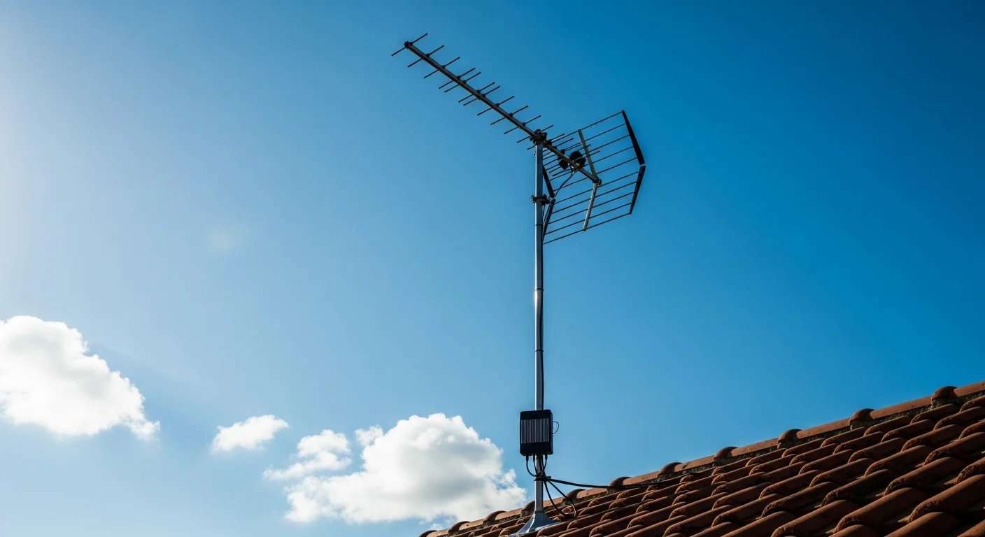 Antenne rateau TNT installee sur un toit avec amplificateur au bas du mat