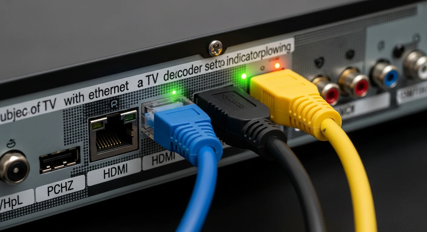Arriere d'un decodeur TV avec cables HDMI et Ethernet branches et voyants LED allumes