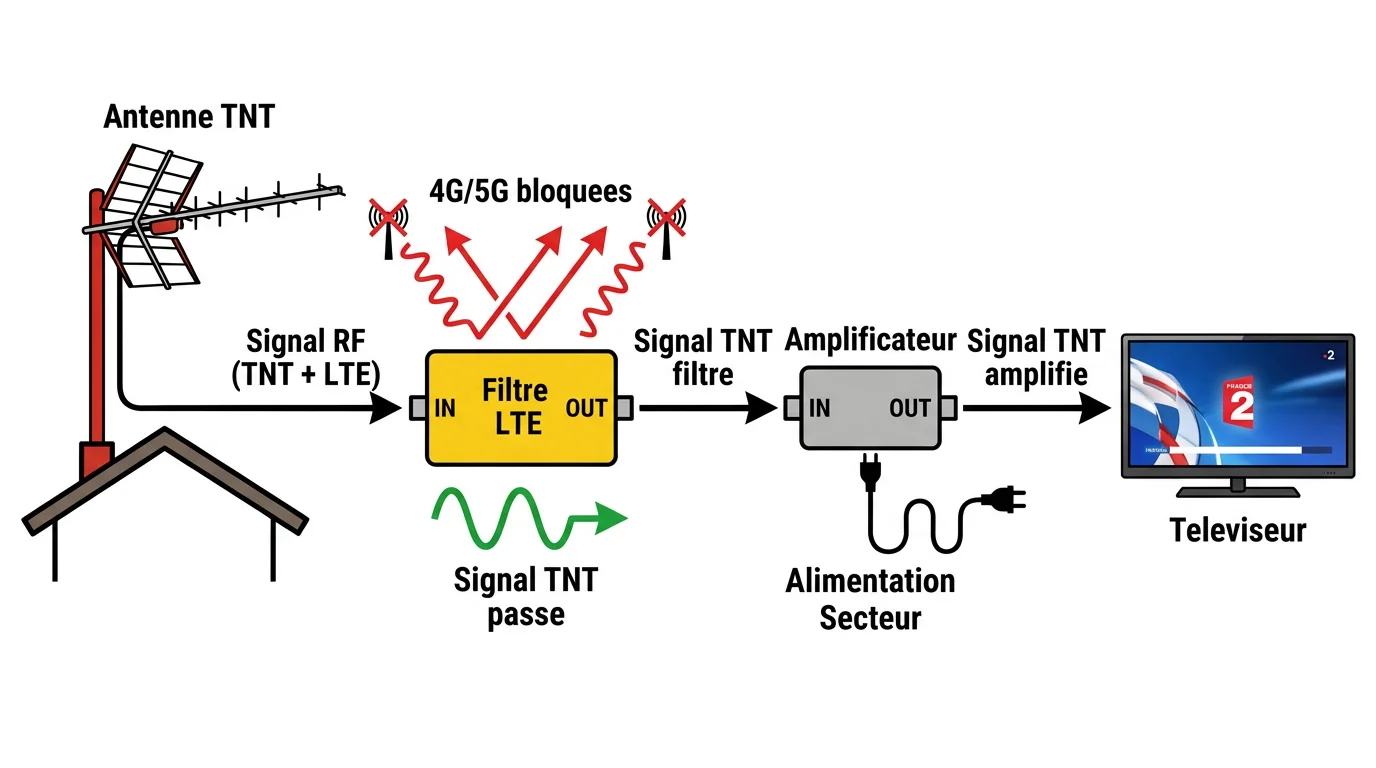 Schema d'installation TNT avec filtre LTE bloquant les frequences 4G 5G et laissant passer le signal TNT