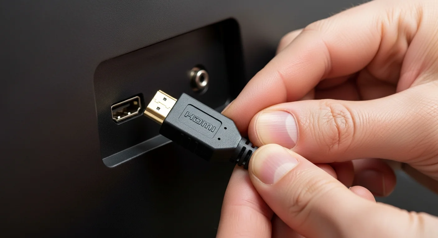 Mains d un technicien branchant un cable HDMI a l arriere d un televiseur