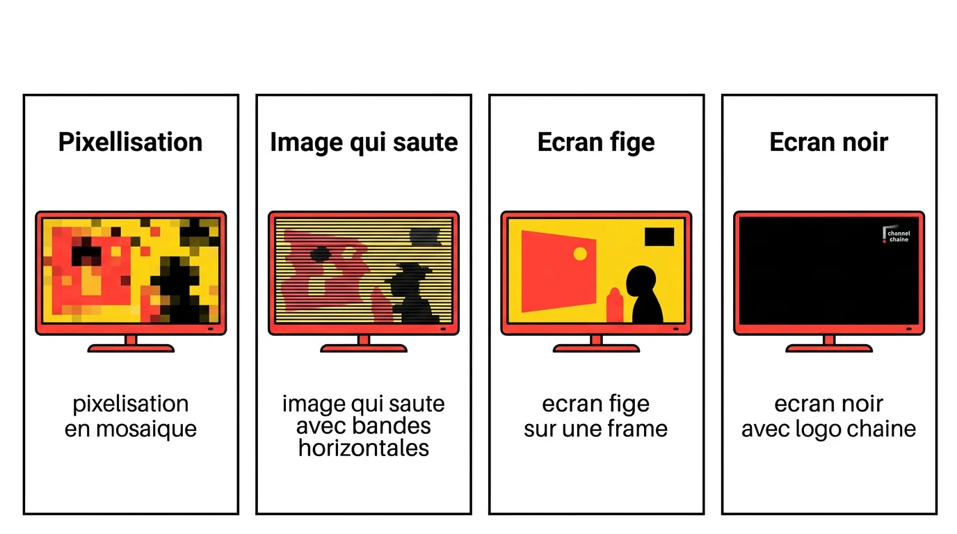 Schema des 4 types de problemes d'image TV pixellisation image qui saute ecran fige ecran noir
