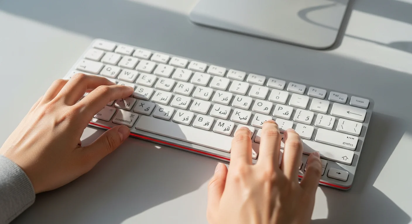 Mains tapant sur un clavier d'ordinateur avec des caracteres arabes sur les touches