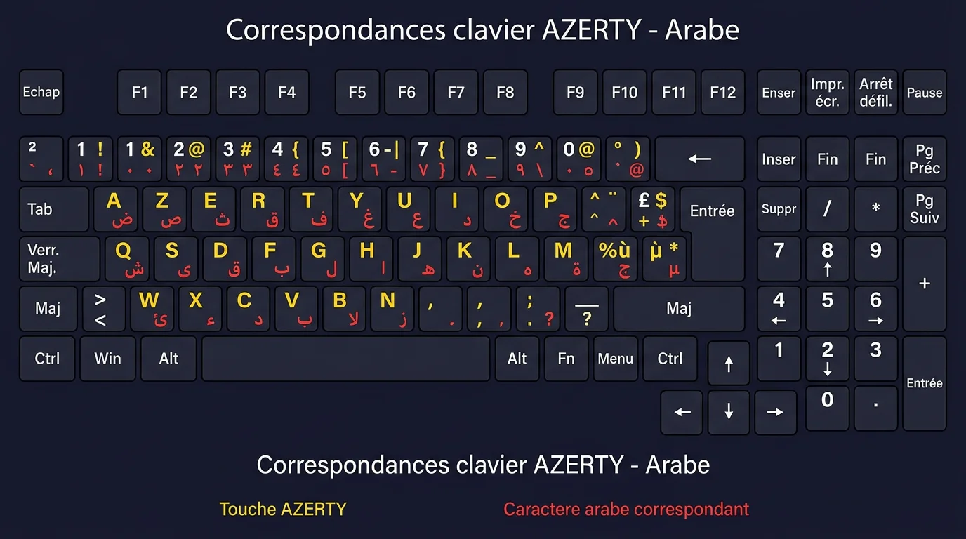 Schema des correspondances entre les touches AZERTY et les caracteres arabes du clavier