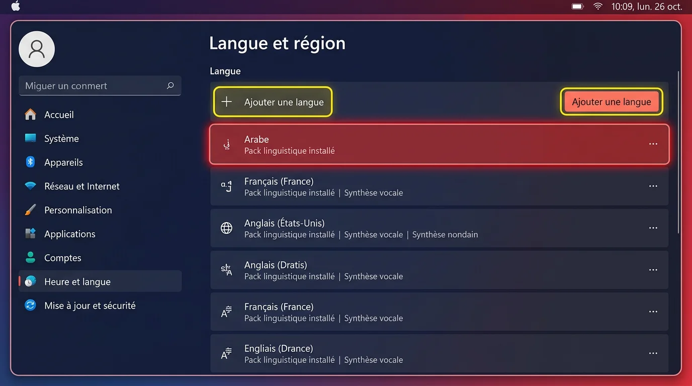 Parametres Windows 11 - menu Langue et region avec l'option Ajouter une langue et Arabe selectionne