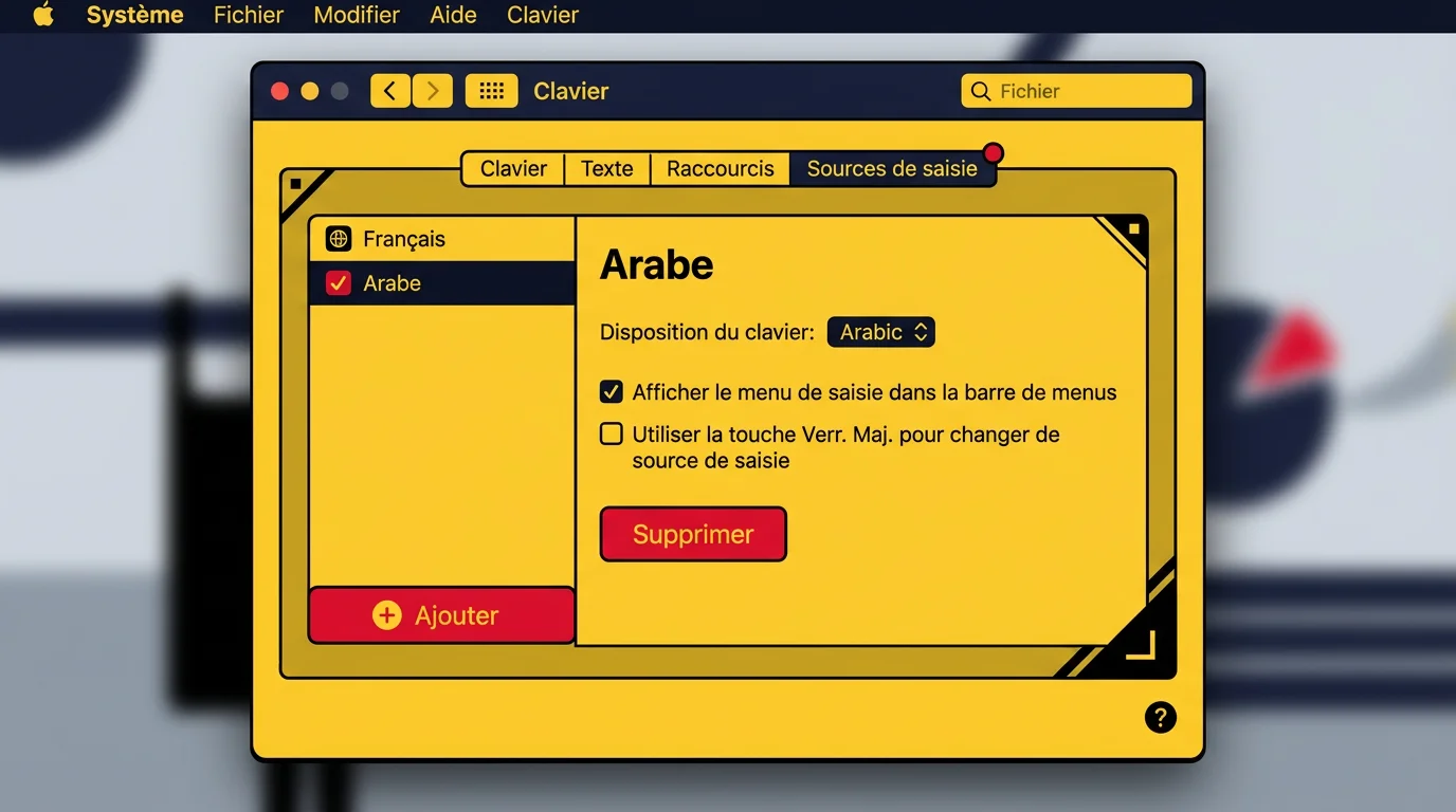 Preferences Systeme macOS - panneau Clavier Sources de saisie avec la langue arabe cochee