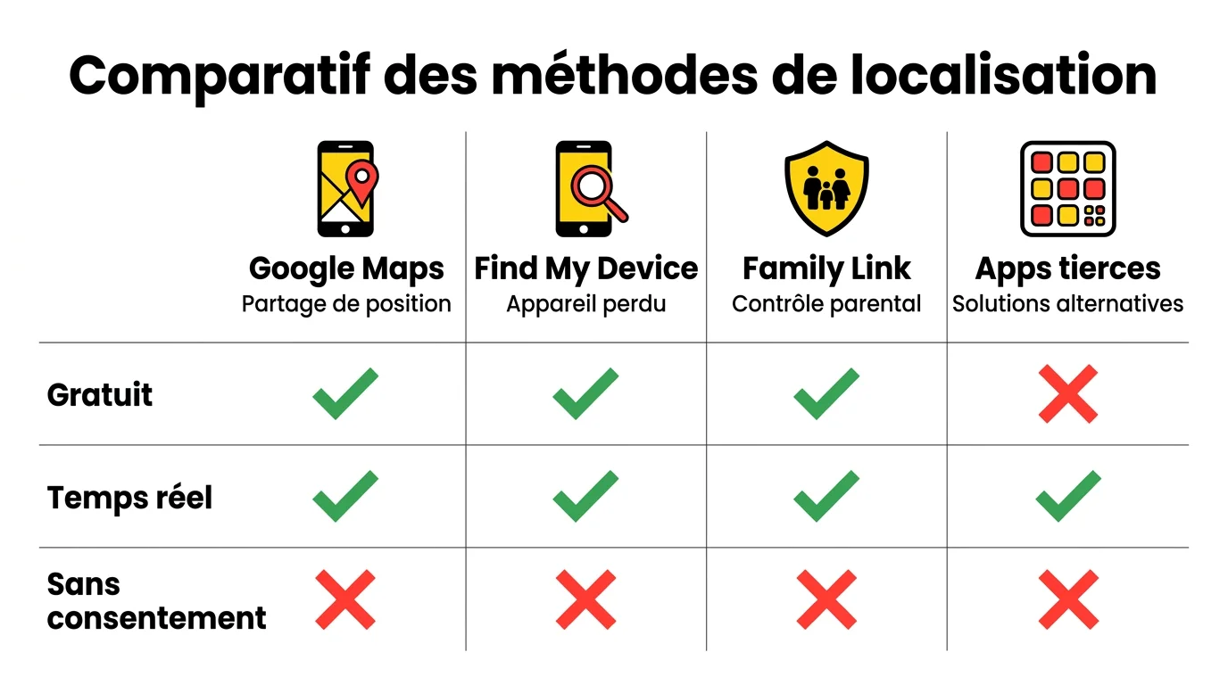 Infographie comparant les 4 méthodes de localisation de téléphone