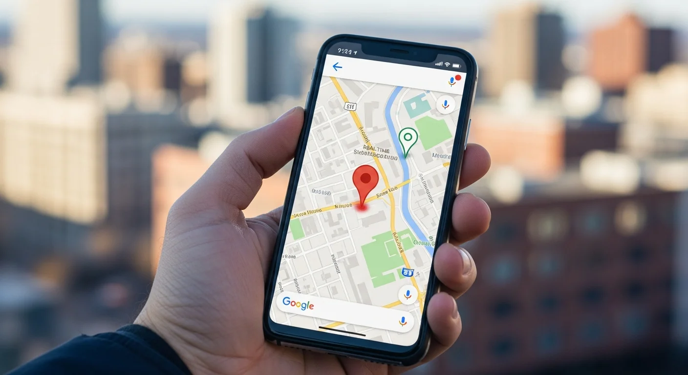 Écran de smartphone affichant le partage de position en temps réel sur Google Maps