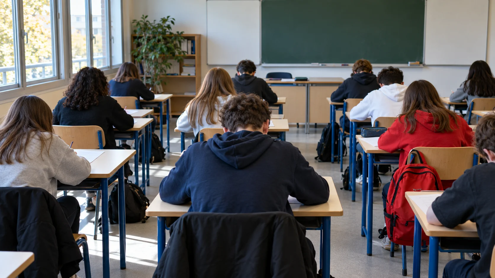 Collégiens de dos assis à des tables individuelles pendant une épreuve écrite dans une salle de classe