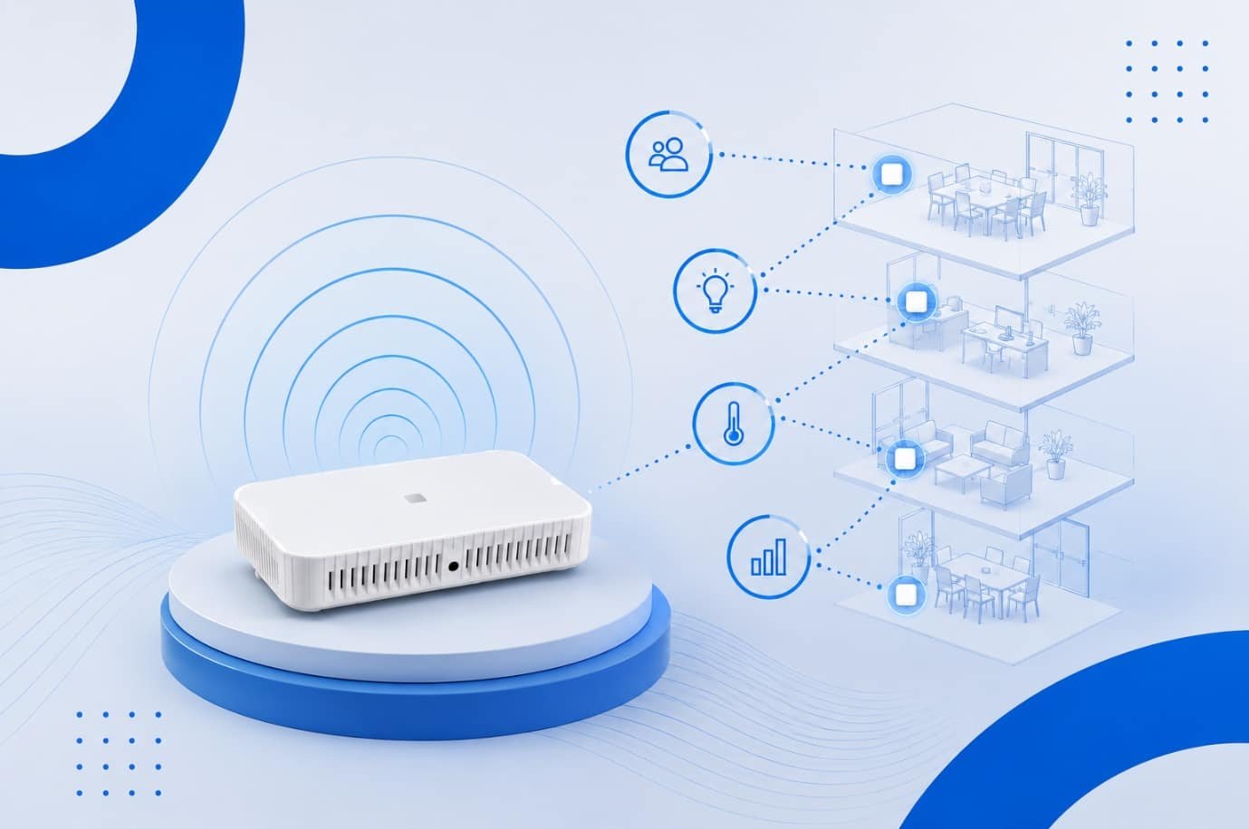 Capteur IoT d'occupation relié aux espaces d'un immeuble de bureaux : présence, éclairage, température, données