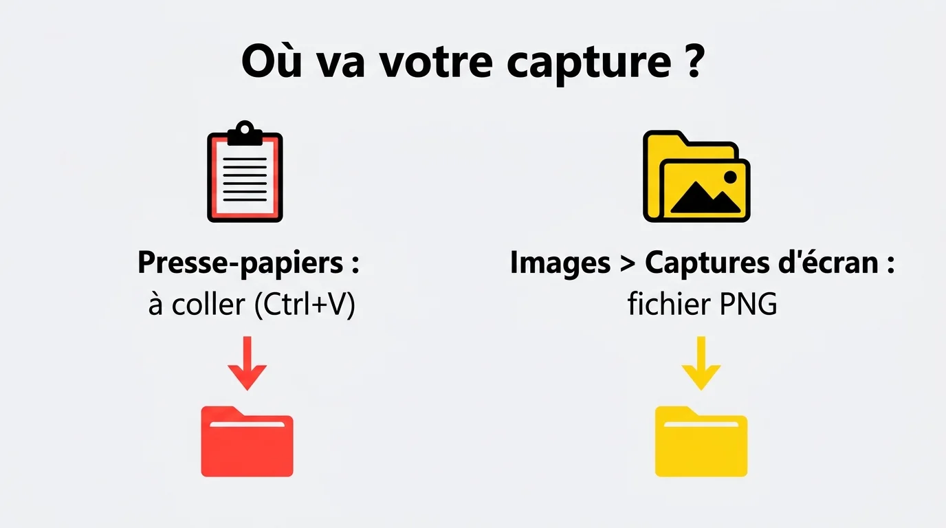Où va votre capture d'écran : dans le presse-papiers à coller avec Ctrl+V, ou en fichier PNG dans Images loading=