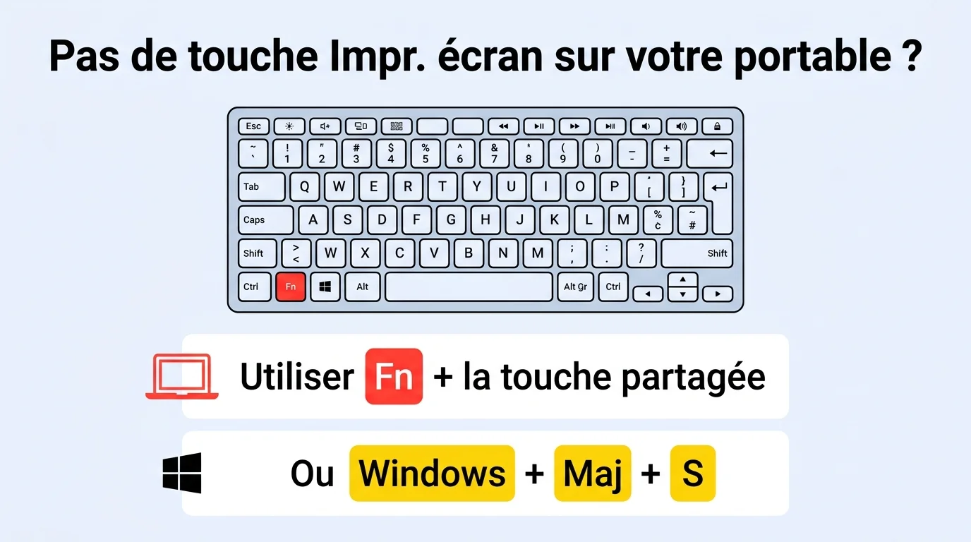 Faire une capture d'écran sur un PC portable sans touche Impr. écran dédiée : utiliser Fn ou Windows + Maj + S
