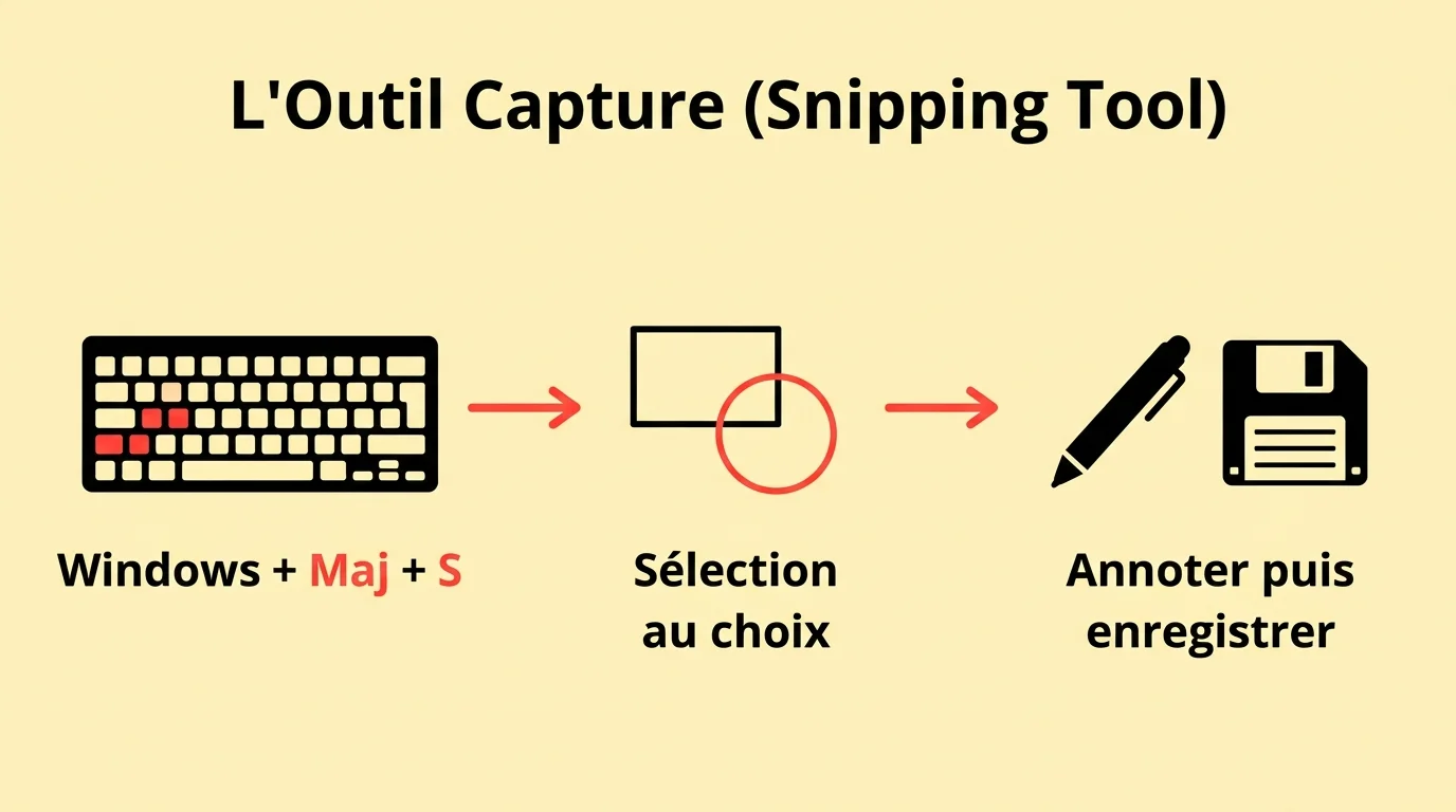 L'Outil Capture (Snipping Tool) de Windows : Windows + Maj + S, sélection au choix, annoter puis enregistrer