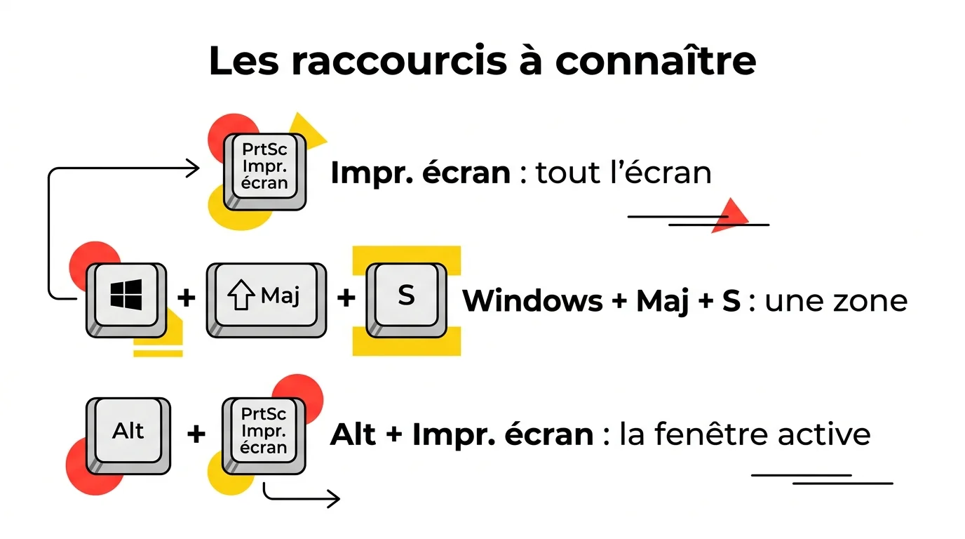 Les raccourcis clavier pour faire une capture d'écran sur PC Windows : Impr. écran, Windows + Maj + S, Alt + Impr. écran