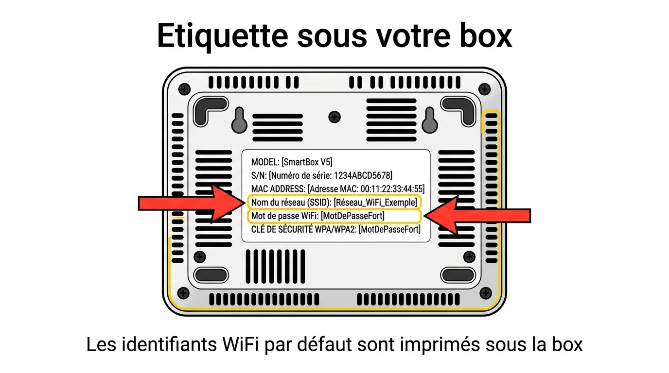 Infographie montrant etiquette sous une box internet avec les identifiants WiFi par defaut