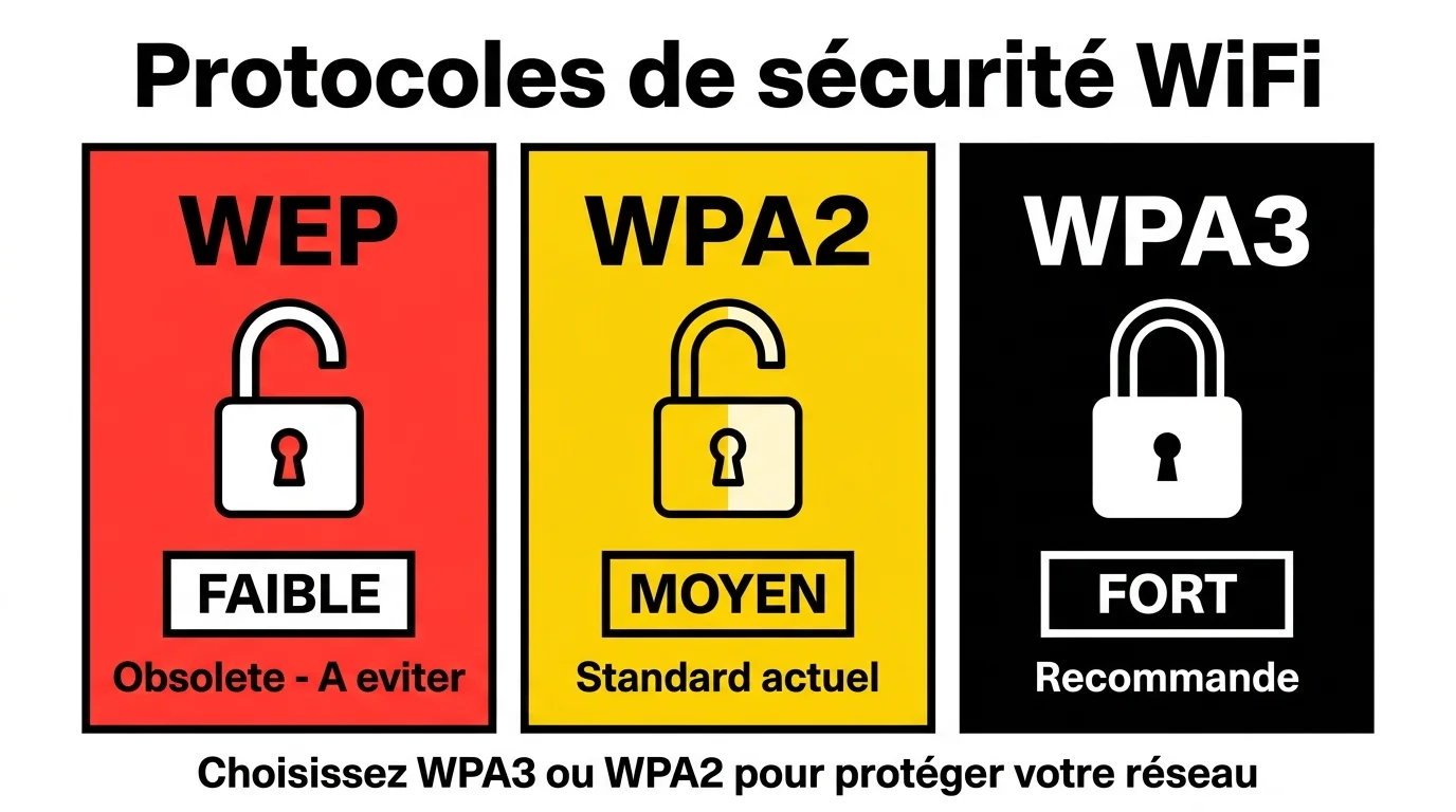 Comparaison des protocoles WiFi WEP, WPA2 et WPA3 avec niveaux de securite
