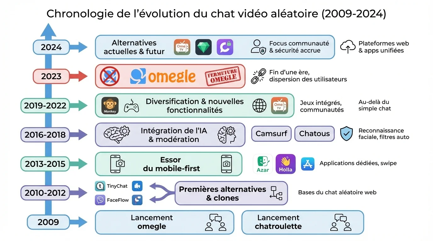 Chronologie de l'évolution du chat vidéo aléatoire (2009-2024)