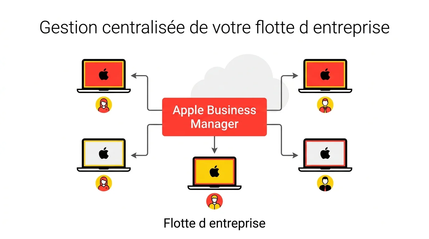 Schema de gestion centralisee d'une flotte de MacBook via Apple Business Manager : hub central connecte aux appareils et utilisateurs