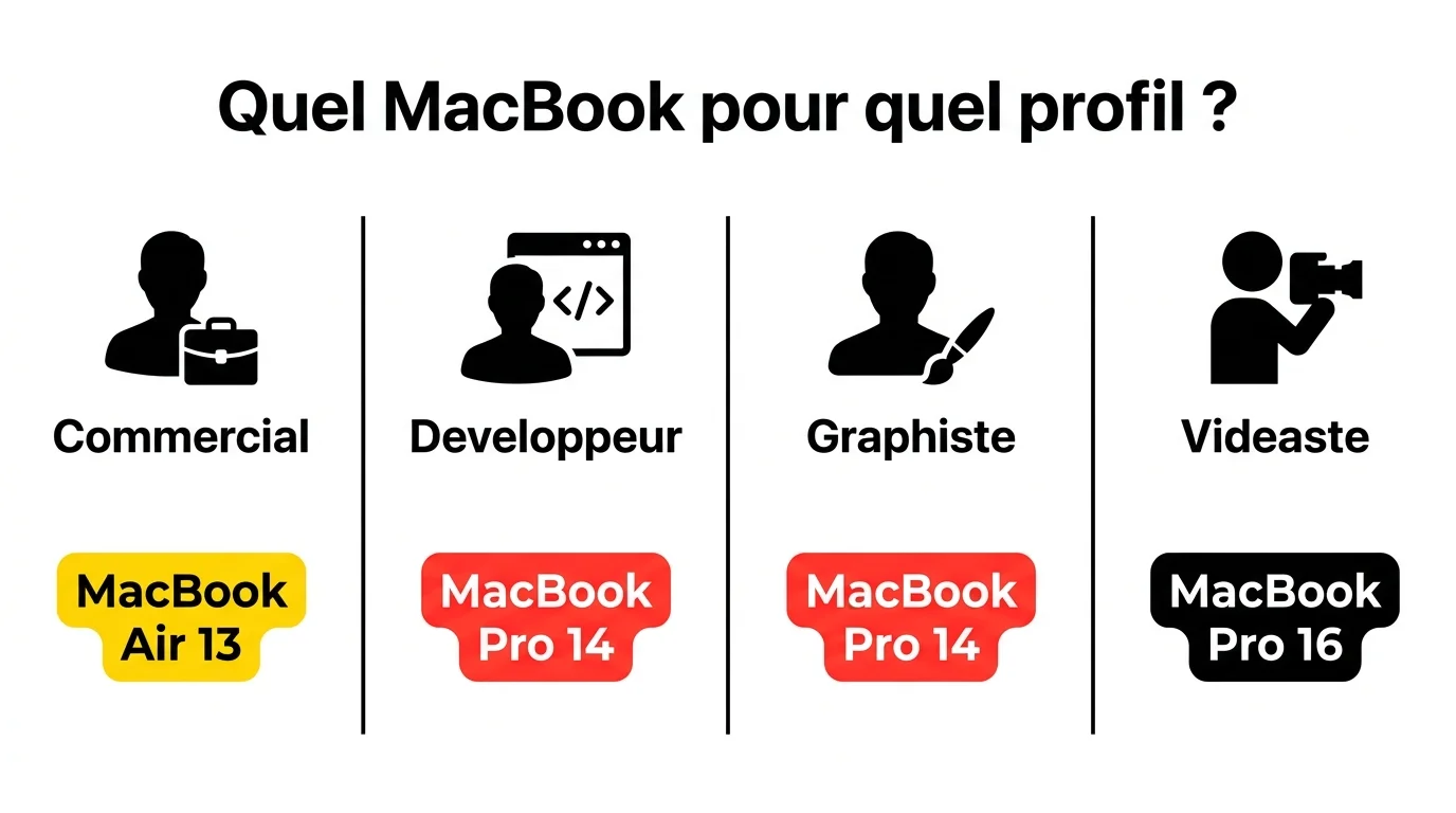 Matrice profil metier et modele MacBook recommande : MacBook Air 13 pour commercial, Pro 14 pour developpeur et graphiste, Pro 16 pour videaste