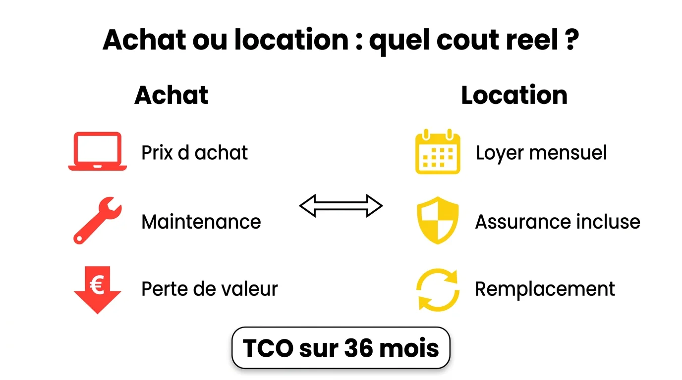 Comparatif TCO sur 36 mois entre l'achat et la location de MacBook en entreprise : prix d'achat, maintenance, loyer mensuel, assurance incluse