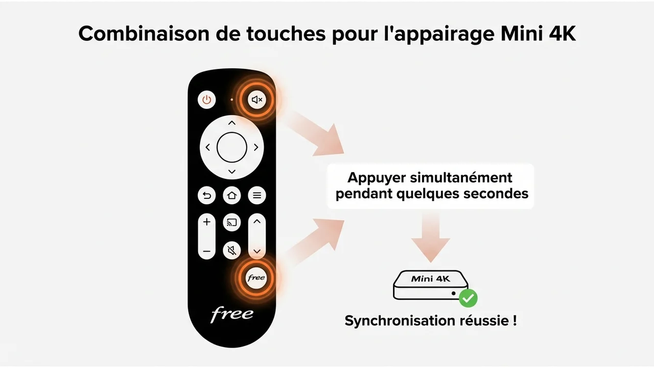 Illustration de la télécommande Mini 4K mettant en évidence les boutons Mute et Free à presser simultanément.