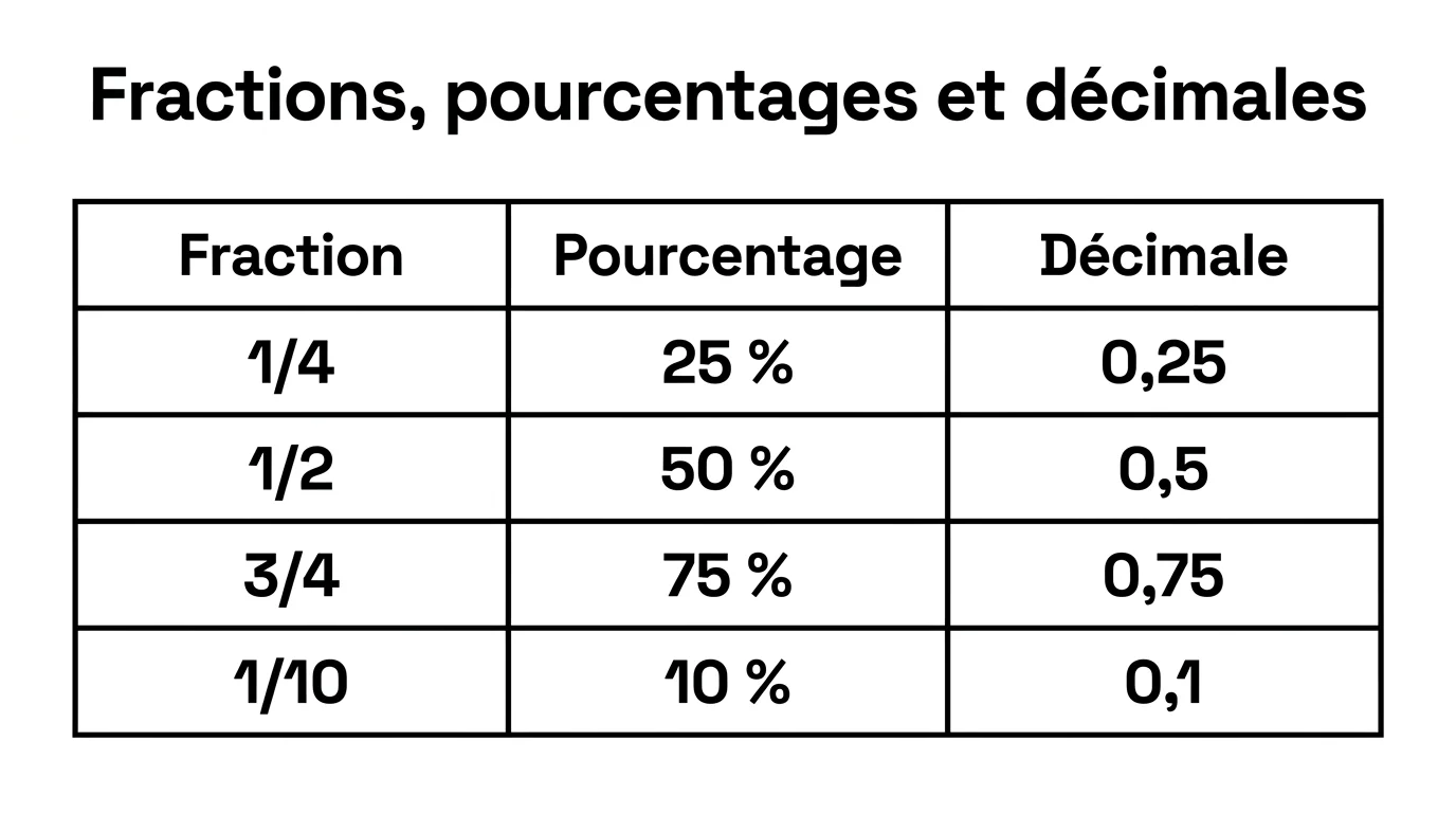 Tableau de conversion entre fractions, pourcentages et nombres décimaux