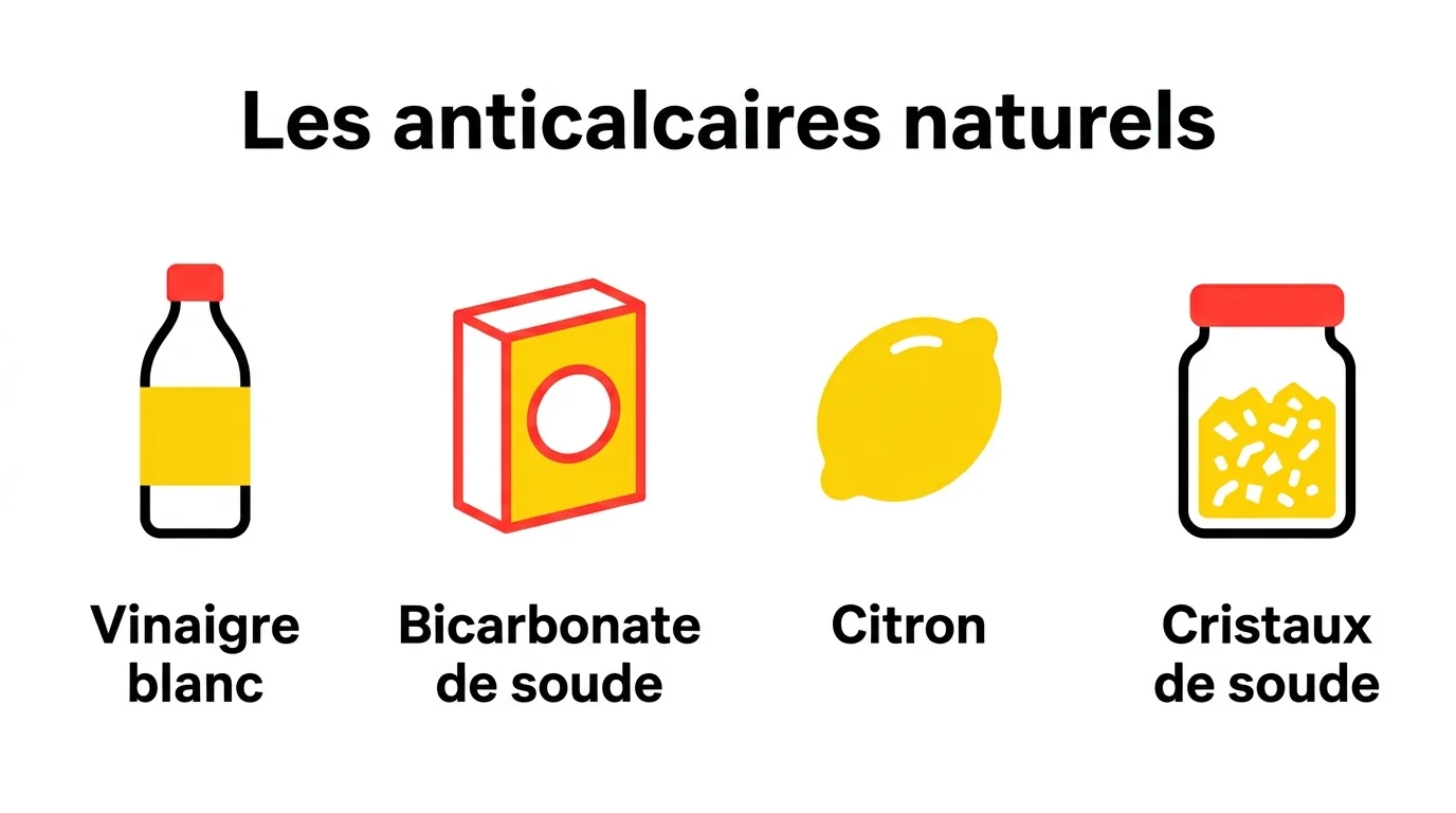 Les anticalcaires naturels pour enlever le calcaire : vinaigre blanc, bicarbonate, citron et cristaux de soude