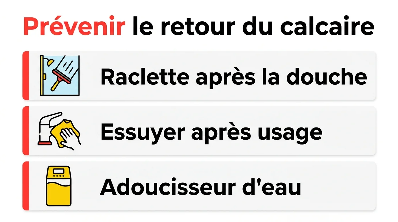 Gestes pour prévenir le calcaire au quotidien : essuyer les surfaces, installer un adoucisseur, régler le chauffe-eau