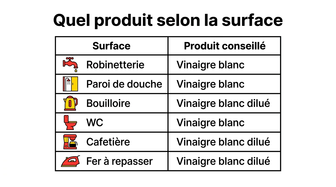 Tableau des produits anticalcaire conseillés selon la surface, tous à base de vinaigre blanc
