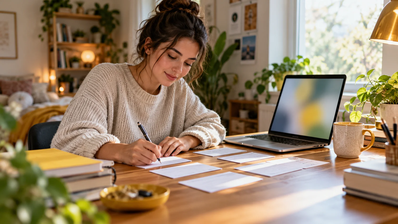 Étudiante qui prépare un exposé à son bureau avec des fiches cartonnées et un ordinateur portable