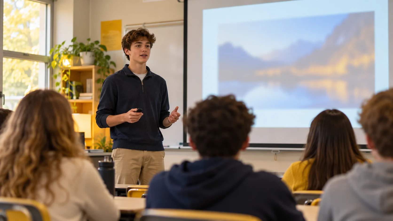 Lycéen qui présente un exposé debout devant sa classe, une diapositive projetée derrière lui