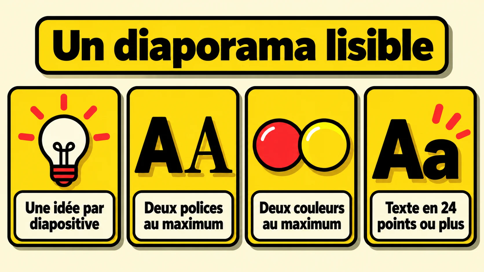 Quatre règles pour un diaporama lisible : une idée par diapositive, deux polices et deux couleurs au maximum, texte en 24 points ou plus