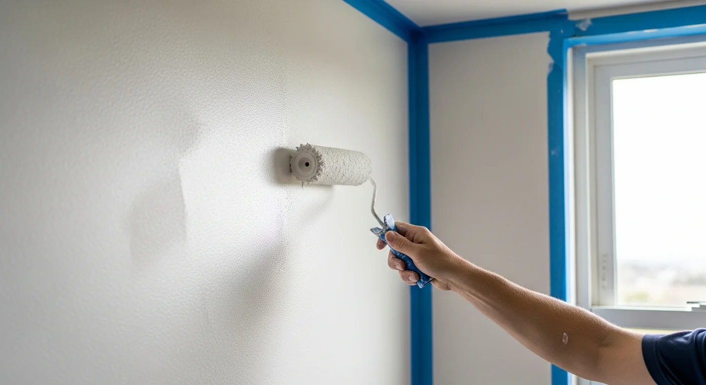 Application de la peinture au rouleau en passes croisées sur un mur intérieur