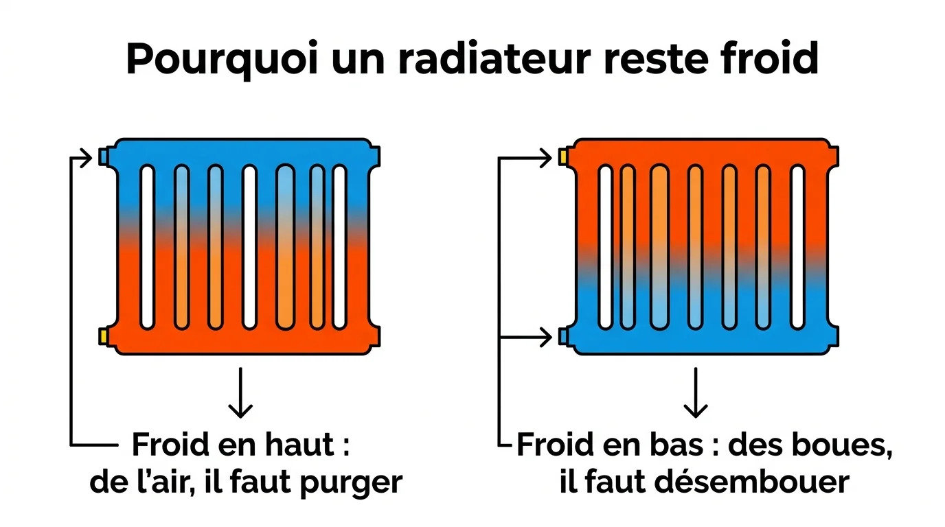 Diagnostic radiateur froid : froid en haut signifie de l'air, froid en bas signifie des boues