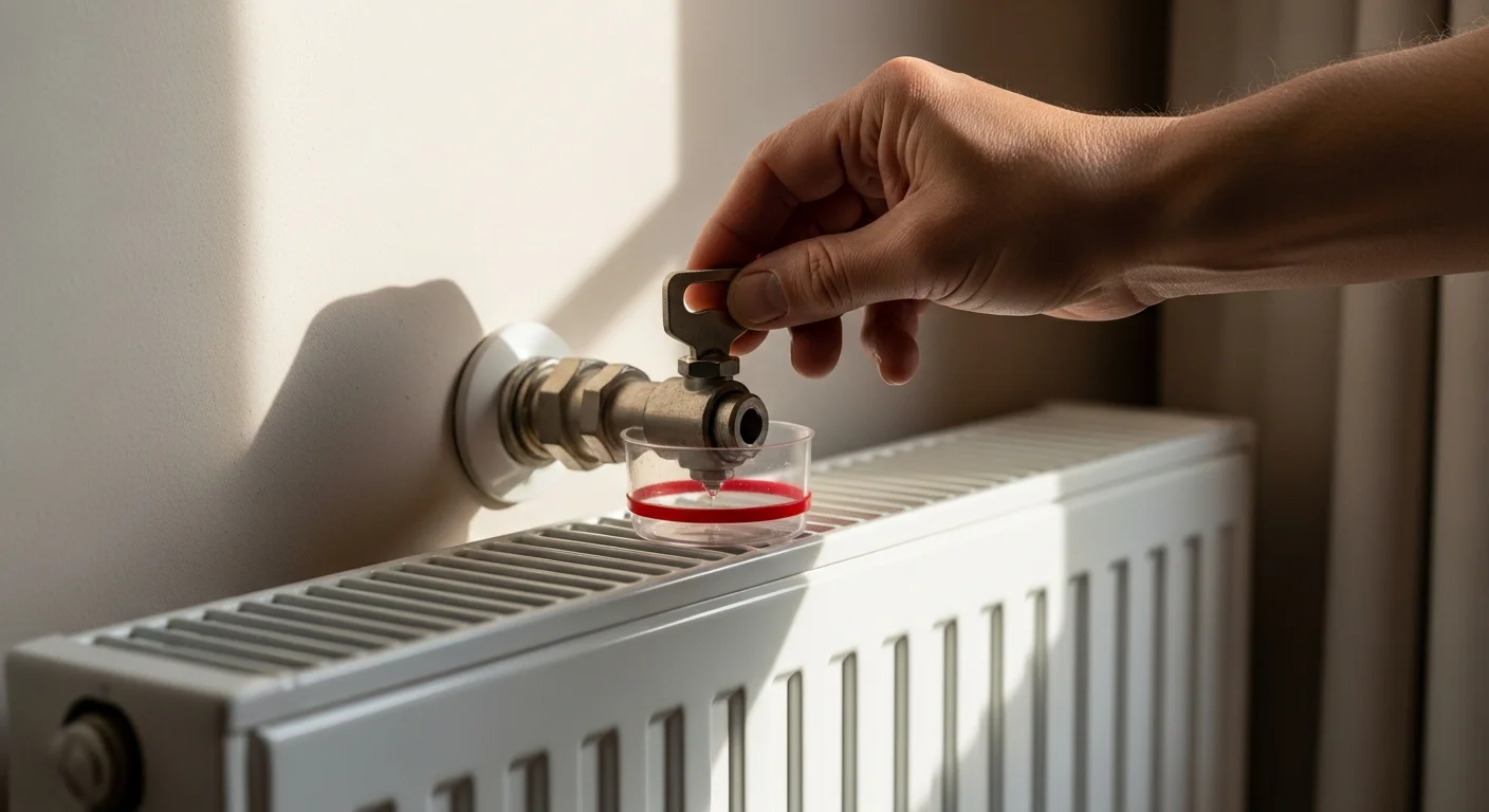 Purge d'un radiateur avec une clé de purge et un récipient