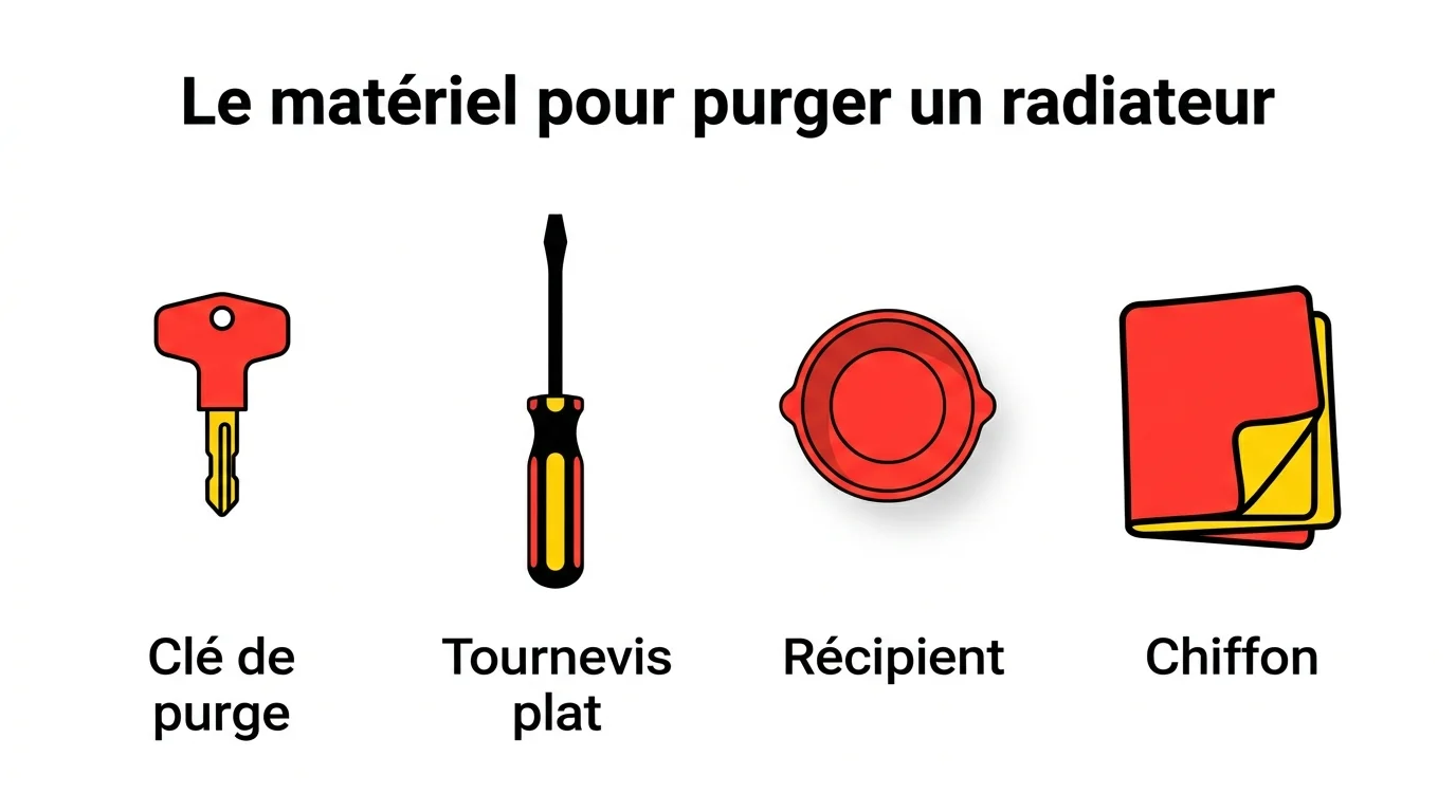 Matériel nécessaire pour purger un radiateur : clé de purge, tournevis, récipient, chiffon