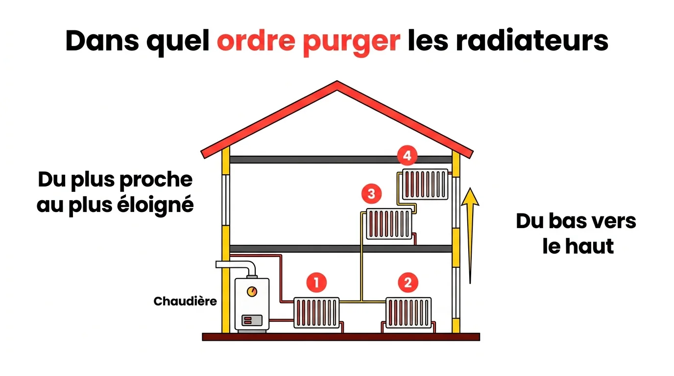 Ordre de purge des radiateurs : du plus proche et bas de la chaudière vers le plus éloigné et haut