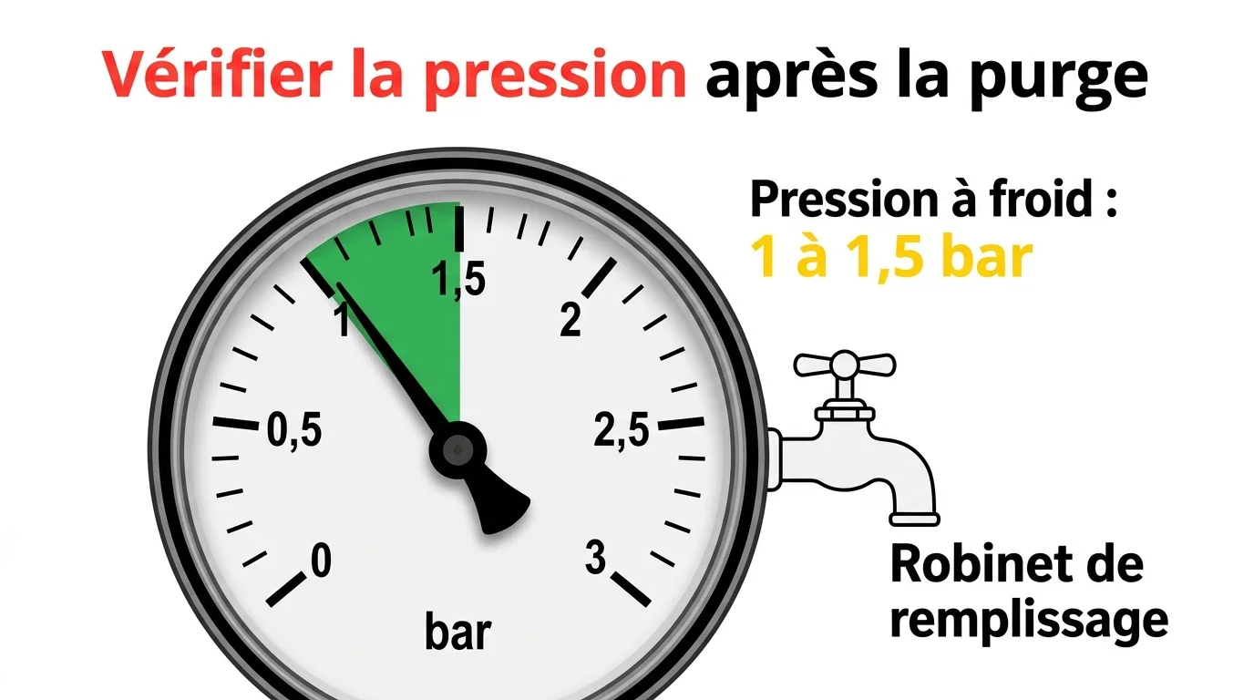 Manomètre de chaudière indiquant la pression normale de 1 à 1,5 bar après remise en eau