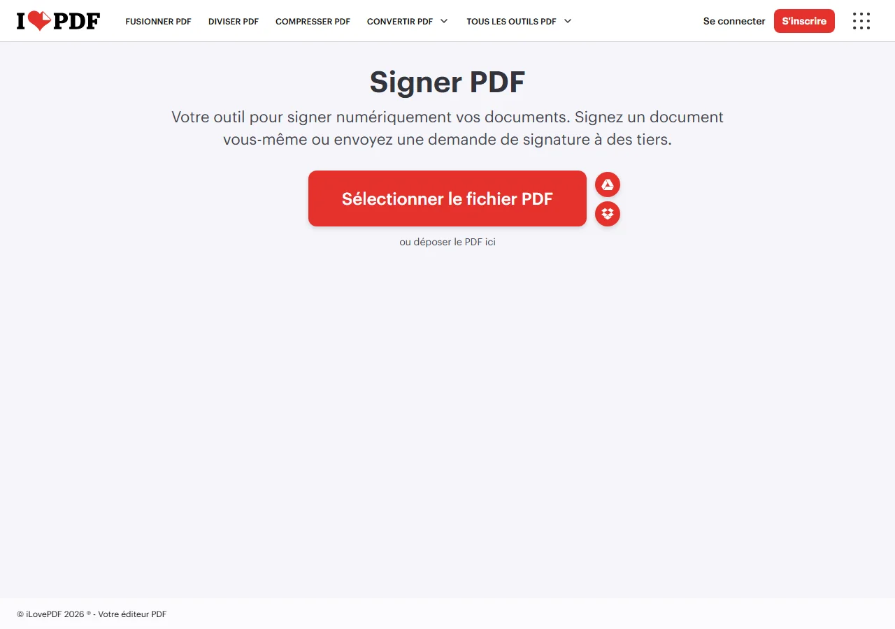 Outil Signer PDF de iLovePDF, capture de la page en français