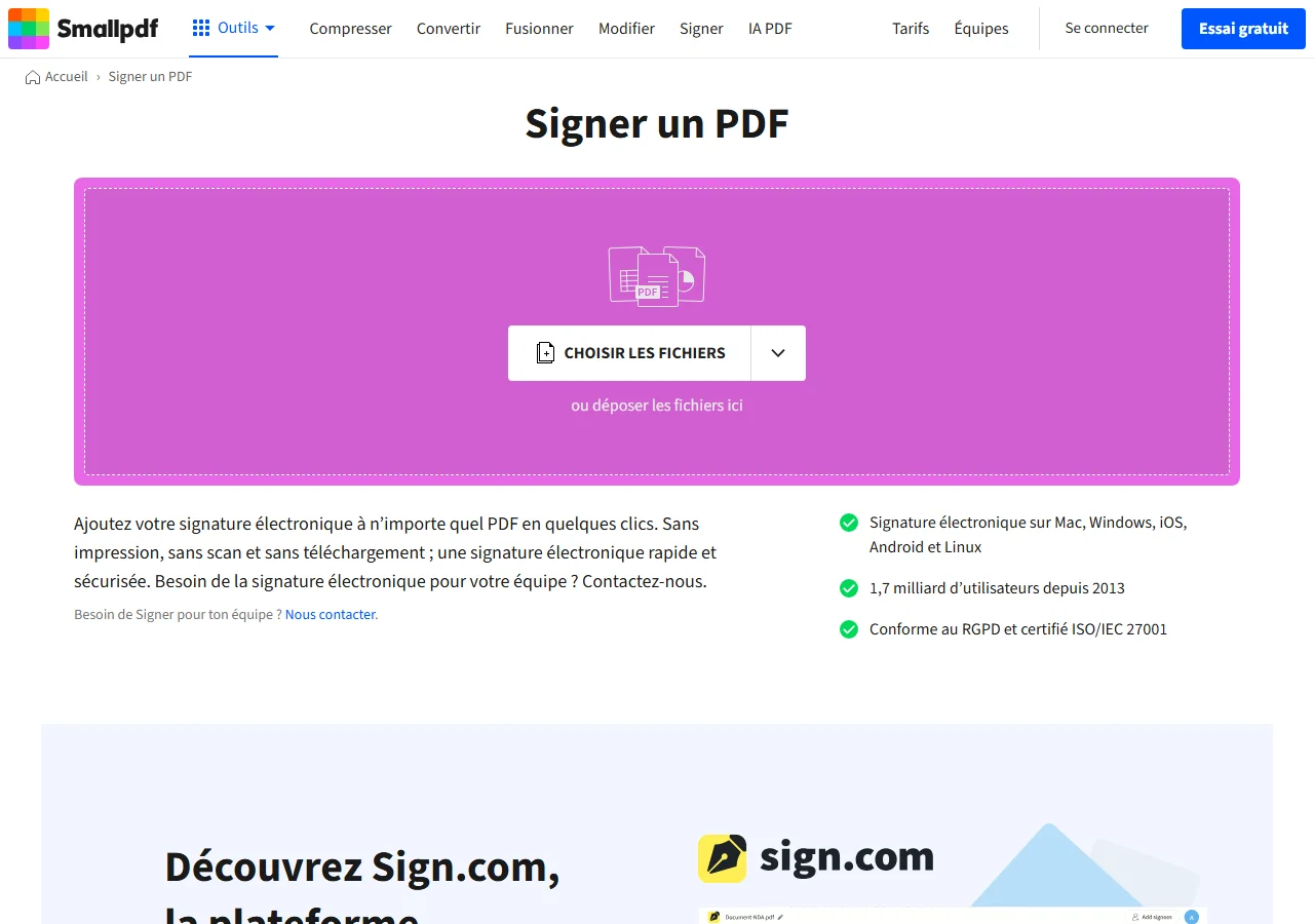Outil Signer un PDF de Smallpdf, capture de la page en français