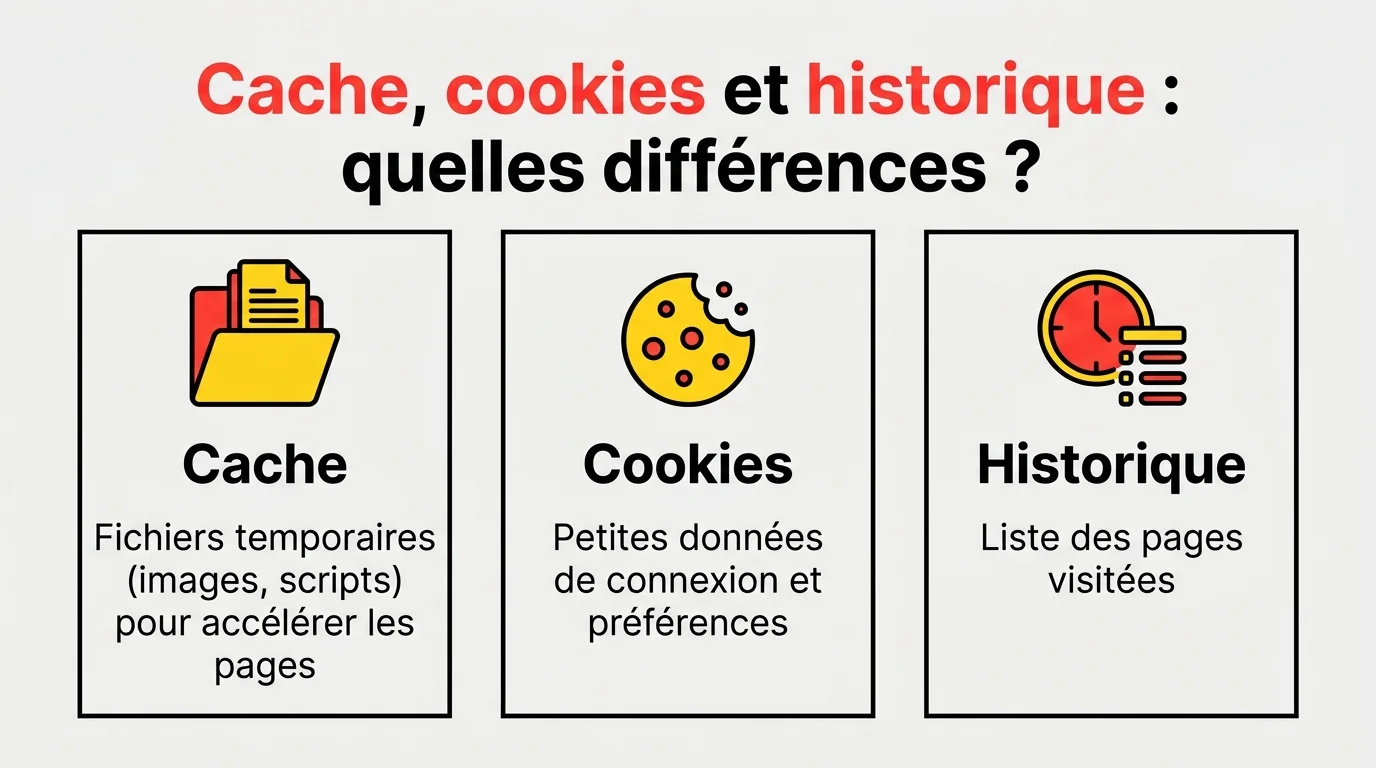 Infographie comparant le cache, les cookies et l'historique de navigation