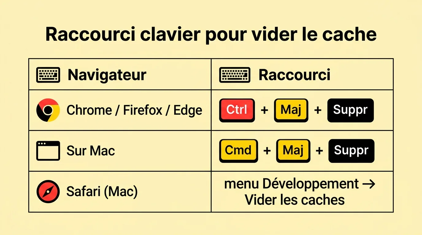 Tableau des raccourcis clavier pour vider le cache selon le navigateur